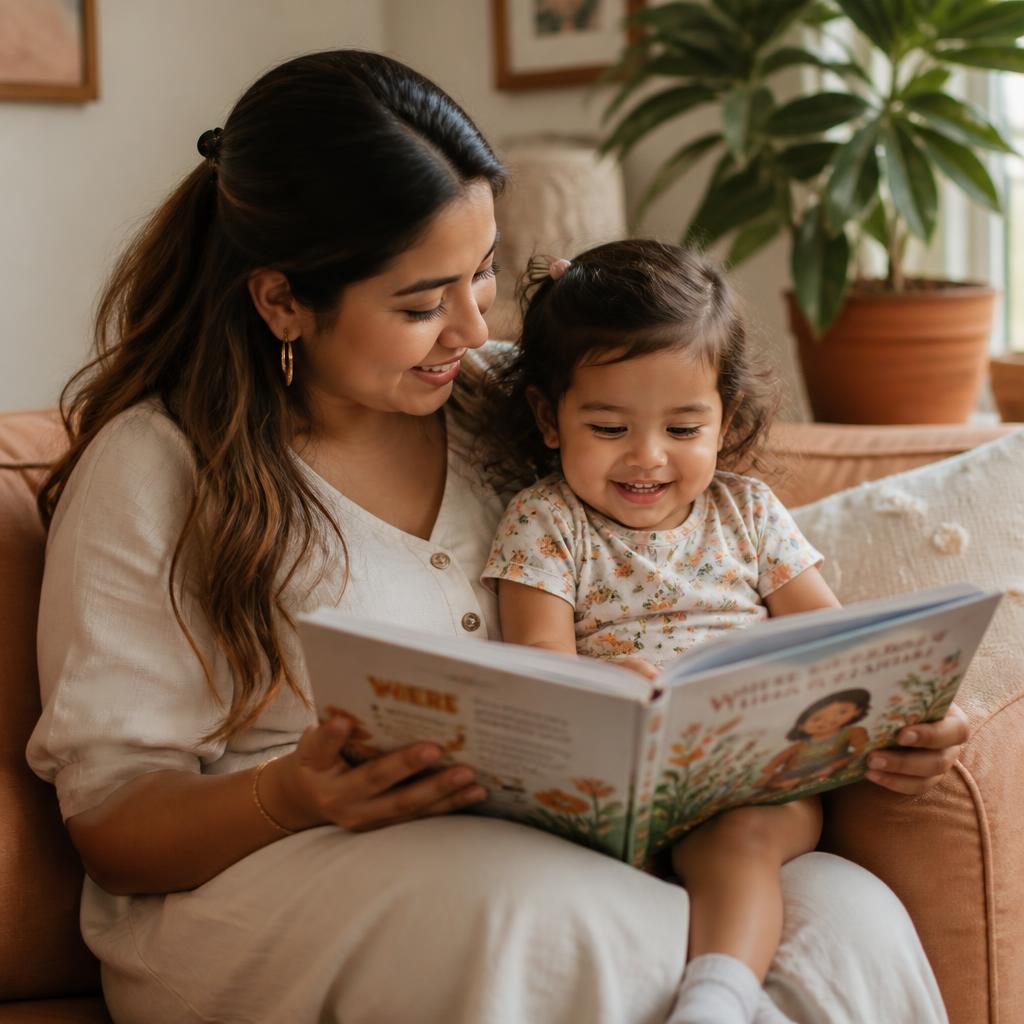 Madre leyendo un libro con su hijo en un sillón acogedor